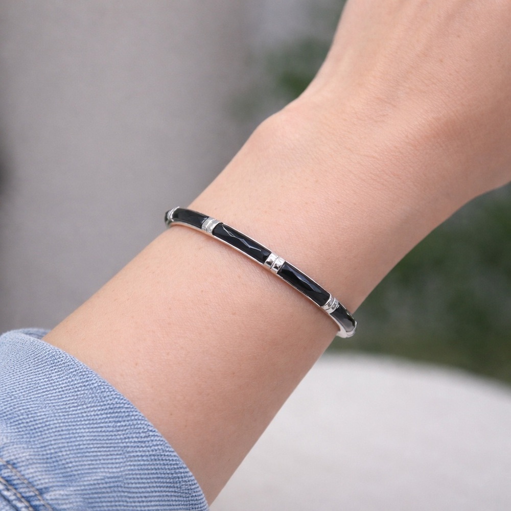 925 Sterling Silver Vintage Black Inlay Bangle Bracelet Hinged